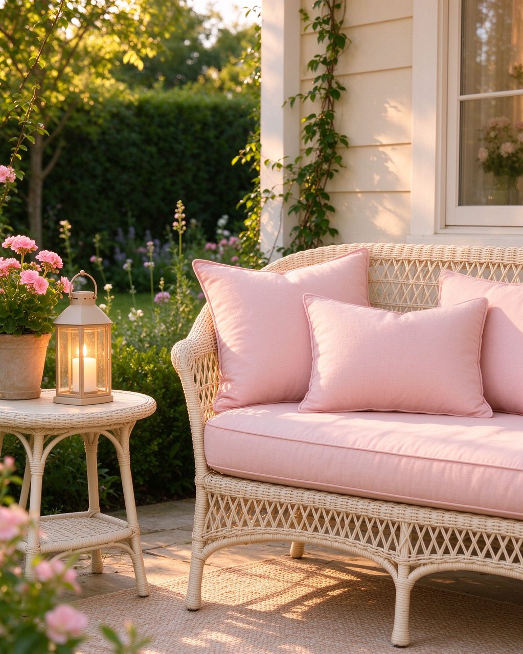 Blush cushions and a lantern on a sunny patio