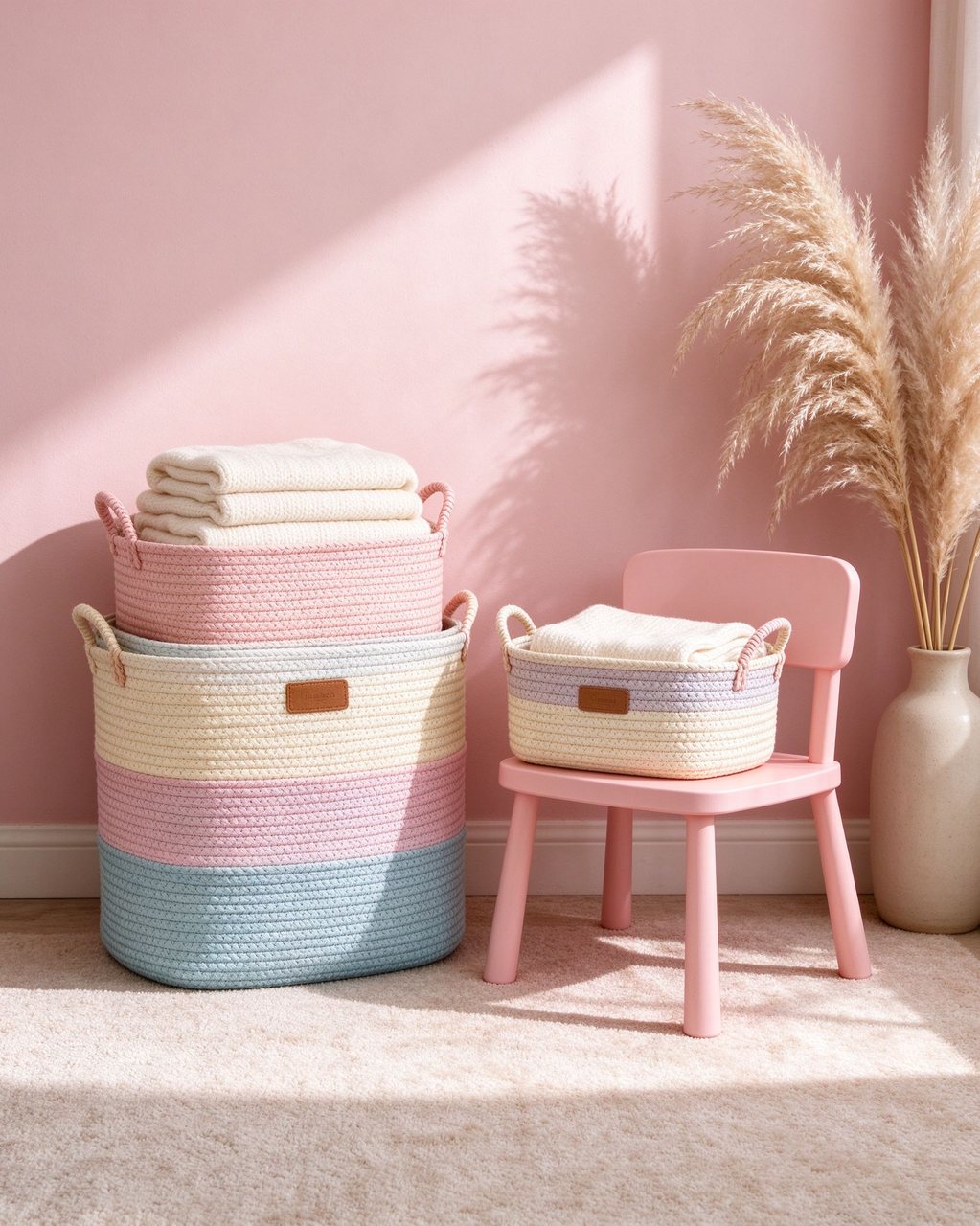 Pastel woven baskets and textiles in a cozy corner
