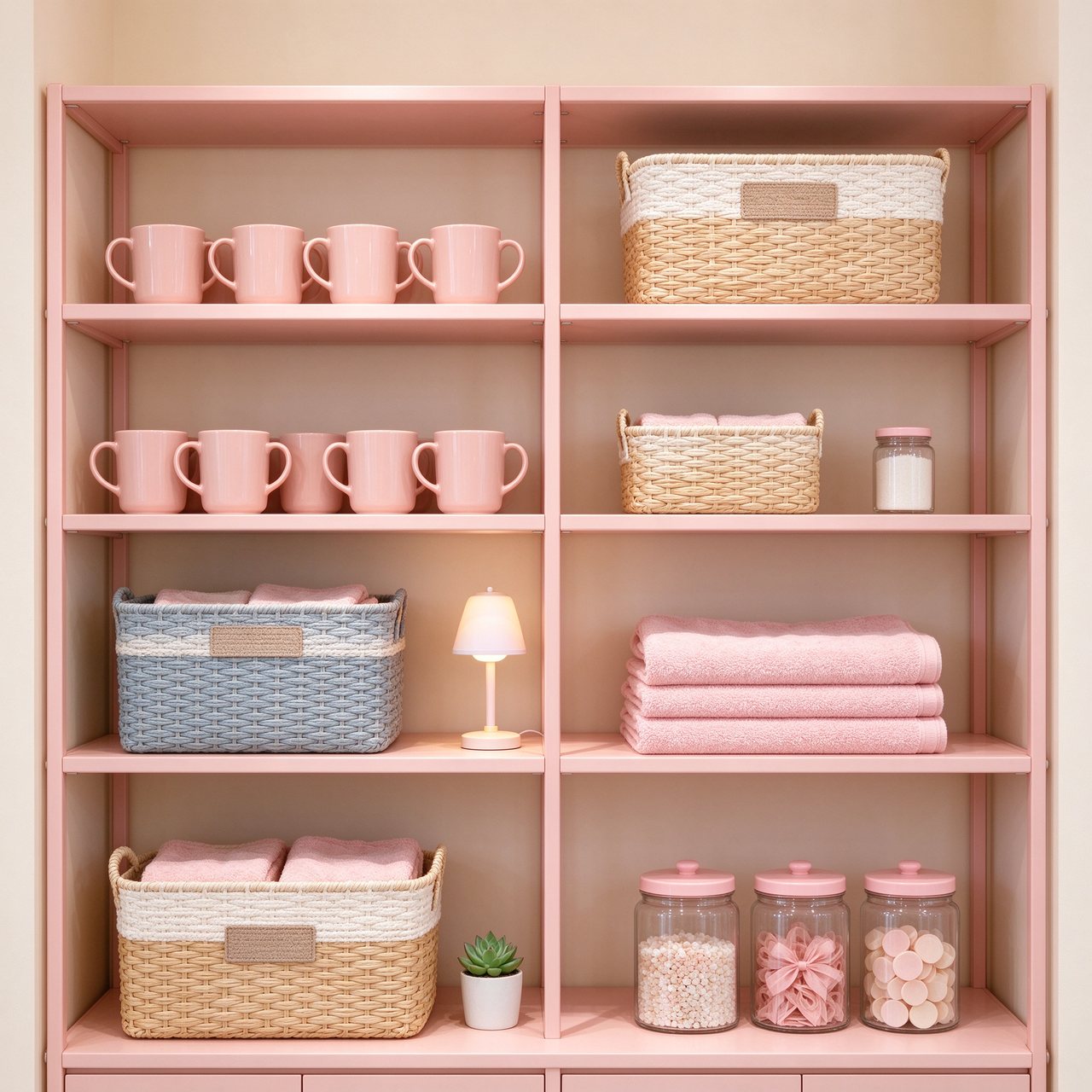 A pink shelving unit filled with assorted home goods