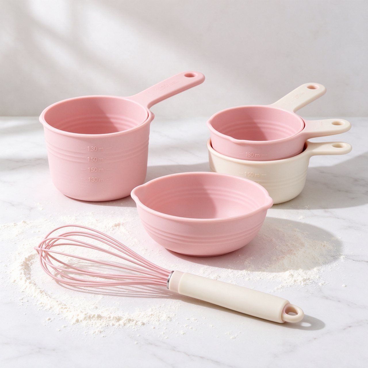 Blush pink silicone bakeware set — measuring cups, bowl and whisk
