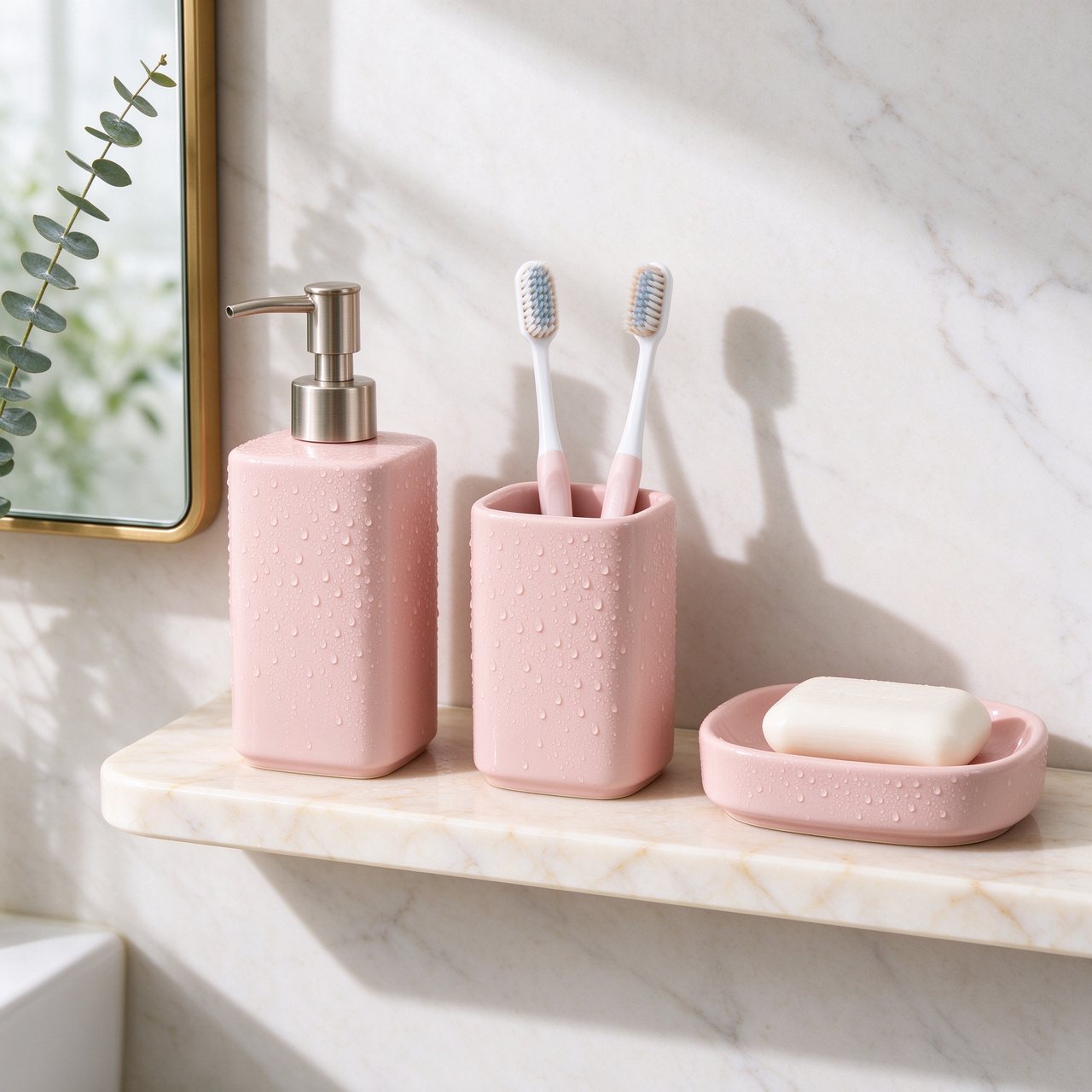 Dewdrop bath set — blush soap dispenser, toothbrush holder and soap dish