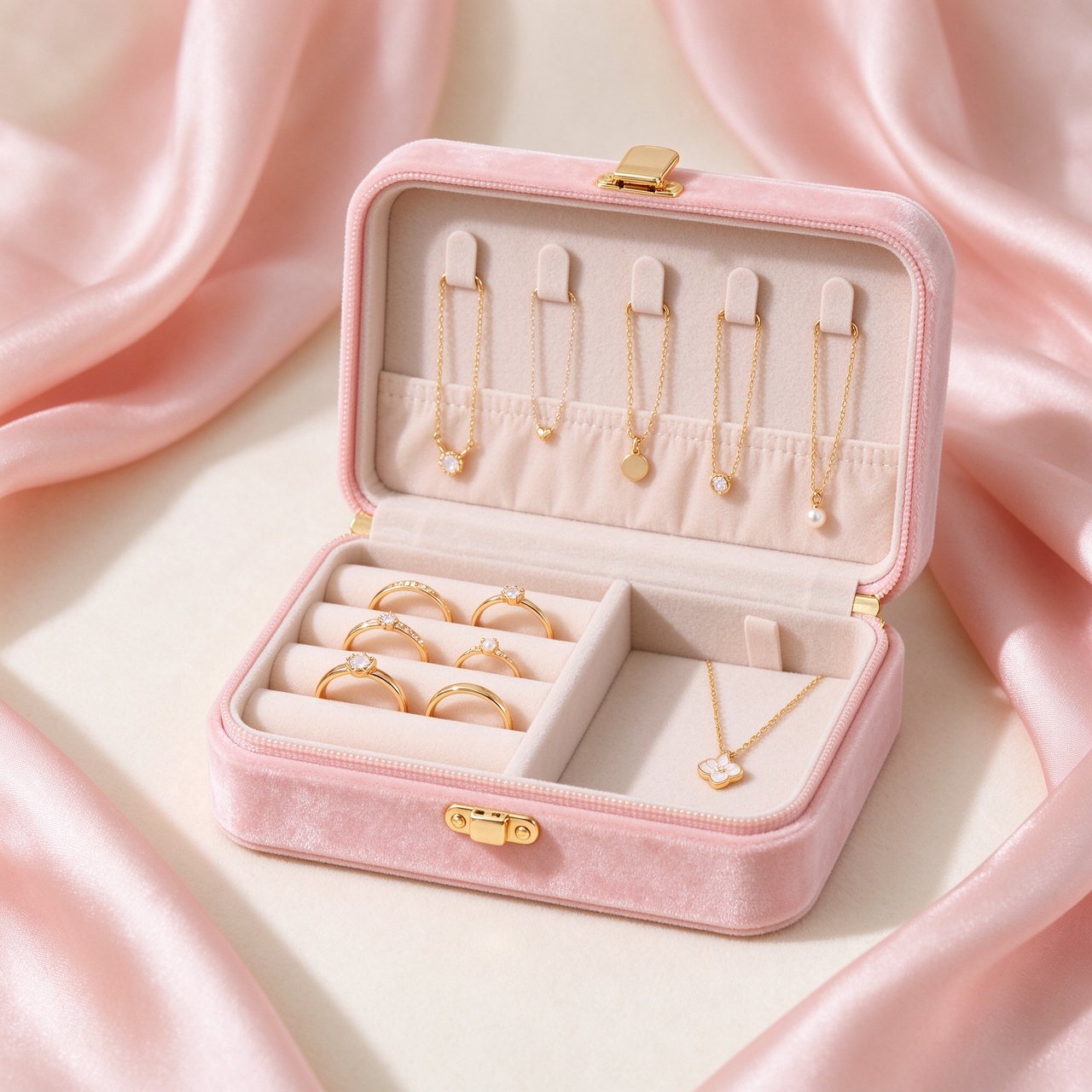 Open blush pink velvet jewelry box with gold jewelry inside